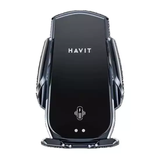 Suport magnetic auto Havit W3034, Incarcare wireless 15W, senzor FOD, brat automat de deschidere, Negru