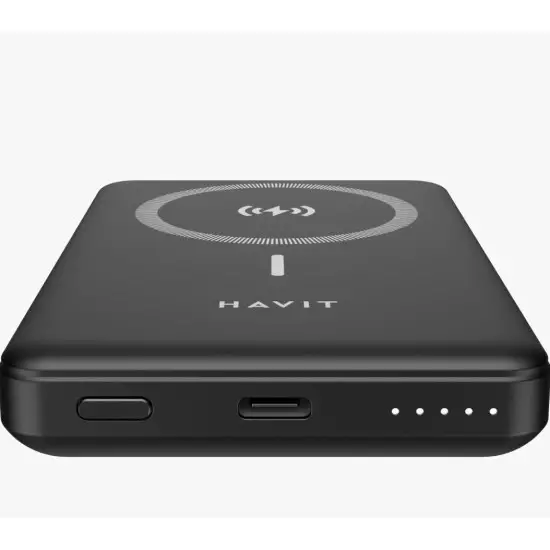 Baterie externa Havit PB5201 Wireless 10000mAh, Power Bank USB-C cu incarcare rapida 20W, incarcare wireless 15W, display LED, ABS, Negru